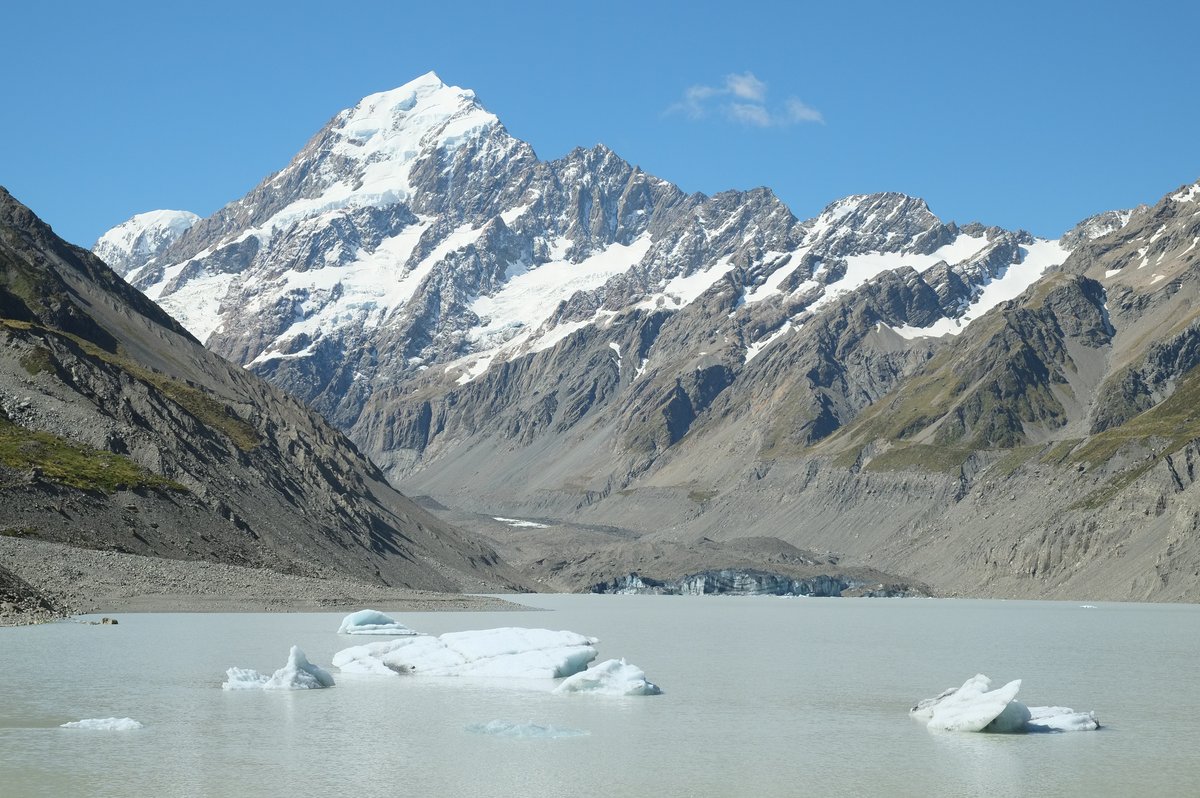 Aoraki/Mount Cook rising above Hooker Lake with icebergs floating in the glacial water